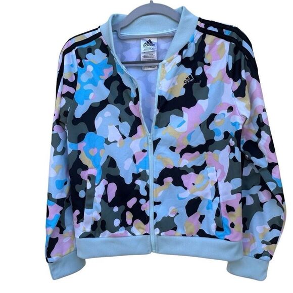 NWT Adidas Tricot Bomber Jacket Girl's Size 14/Large Multicolor Camo Long Sleeve - Picture 1 of 11